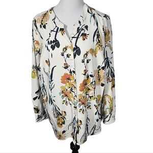 Denim & Co 1X Cream Floral Women's Button Down Blouse Top